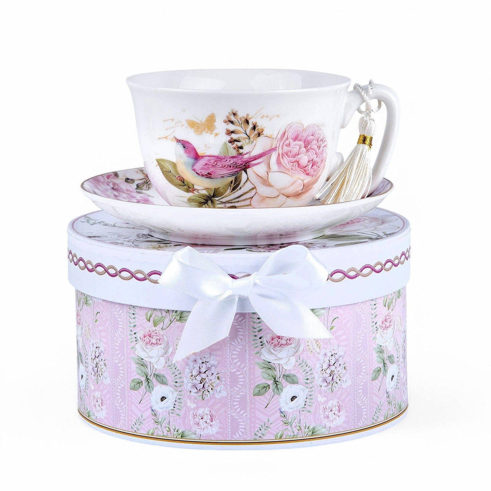 Vintage Style Birds Porcelain Cup and Saucer Set in Gift Box