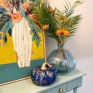 Large Blue and Gold Magnolia Pumpkin|Jessica Reynolds Art